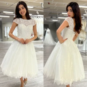 Short Wedding Dresses Tea Length Lace Sleeves Elegant High Neck Bridal Gowns - Picture 1 of 14