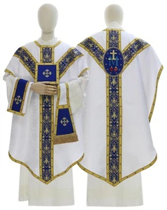 Marianische Weiße/blaue Pugin Kasel Messgewand Stola Manipel Bursa PY910BN25 - Bild 1 von 3