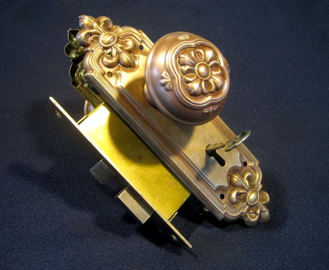 Antique Victorian Decorative Eastlake Mortise Door Lock Set Russwin R&E 'LeROY' Cover