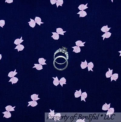 BonEful Fabric Cotton Quilt Navy Blue Pink Flower Girl Bow Calico Country SCRAP - Image 1 of 4