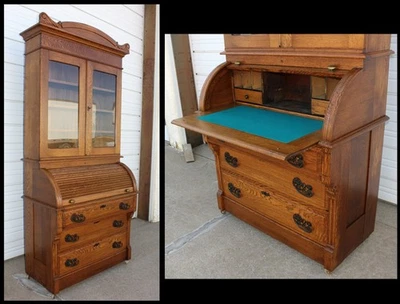 1800-е Великолепный Дубовый Цилиндр Рулон Верх Ствола Стол Заколка & Бухта Секретарь Книжный шкаф - Изображение 1 из 4