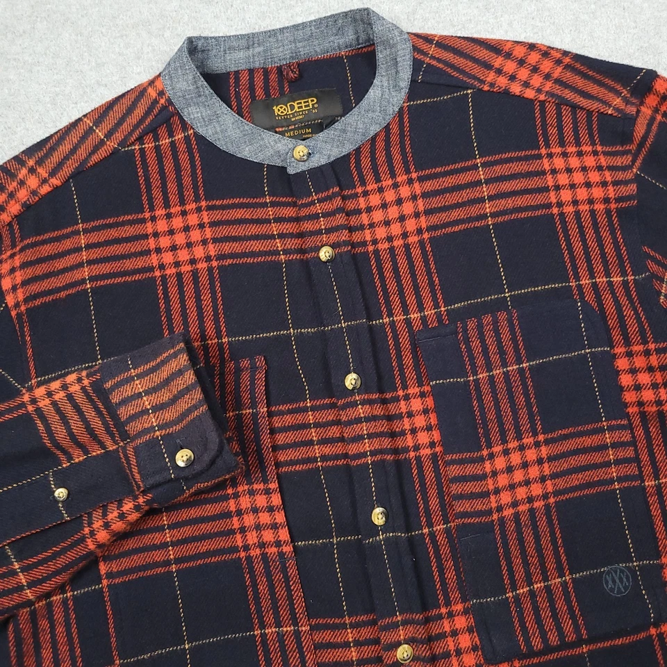10 Deep Shirt Men Medium Plaid Banded Collar Cotton Flannel Utility Streetwear - Image 1 of 4