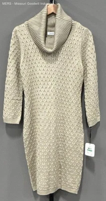 Calvin Klein Sweater Dress Women's Large Khaki Chunky Knit Cowl Neck Classic - Image 1 of 4