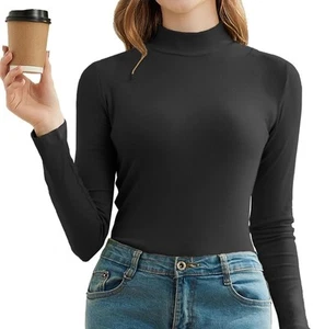 Long Sleeve Shirts for Women Mock Turtleneck Tops Ribbed Knitted Size M Black - Picture 1 of 7