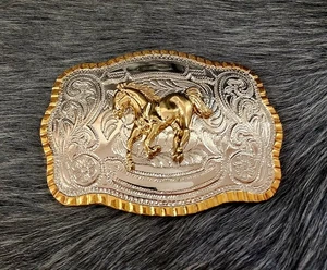 Vergoldete versilberte Stil Pferd Western Rodeo Gürtelschnalle Hebilla Vaquera Charra - Bild 1 von 2