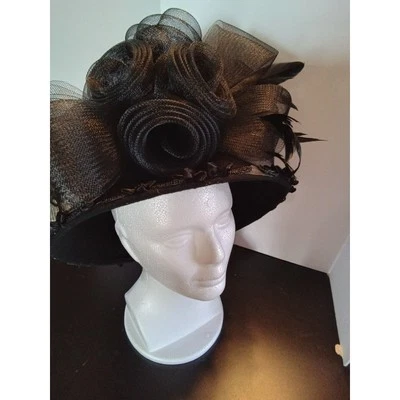 Vintage Wedding/Formal Ladies Hat Black With Flower, Sequins, and Feather Trim - Image 1 of 4