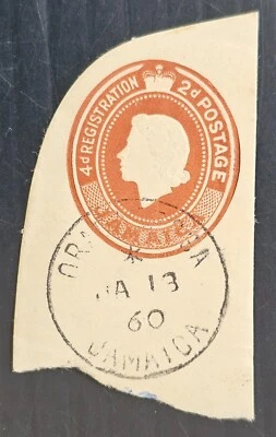 Jamaica 1960 sello preimpreso 2D en pieza CD Oracabessa Foto 1 de 2