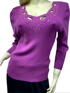 Neu mit Etikett Reba Pullover Damen X-LARGE lila Beerenschaufel Ausschnitt 3/4 slvs - Bild 1 von 10