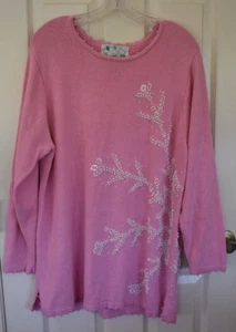Vtg Quacker Factory Pink Snowflakes Sequin Beaded Pullover Sweater 1X - Picture 1 of 4