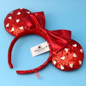 US Ship Mickey Mouse Red Heart Sequin Bow Girl Minnie Ears Disney Parks Headband - Picture 1 of 5