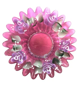 VINTAGE HANDBEMALTE LILA ROSEN & GRÜNE BLÄTTER AUF ROSA FARBIGER GLASBLUMENSCHALE - Bild 1 von 7
