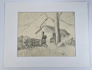 Vtg Folk Art Barn Drawing Farm Scene Wagon Wheel 11x14” Matted Post War Sketch - Picture 1 of 10