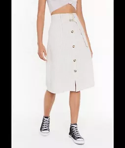 Falda Midi Nasty Gal Cinturón Botón Frontal Rayas Mezcla de Lino Nueva con Etiquetas Talla Pequeña - Imagen 1 de 5