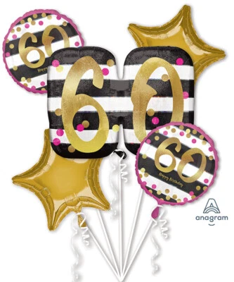 Pink & Gold 60th Birthday Balloon Bouquet Adult party Supplies Sixty - Image 1 of 2