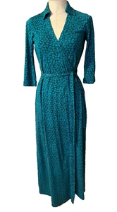 DVF Diane Von Furstenberg Wrap Dress 8 Long Silk Blue Green Floral - Picture 1 of 11