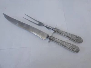 Antique S. Kirk Sterling Silver Repousse  Large 15 inch carving set with  guards - Picture 1 of 19