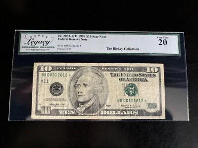 DBR 1999 $10 FRN Dallas STAR Fr. 2033-K* Legacy VF-20 Serial BK00312612* - Image 1 of 2