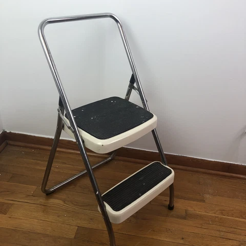 Vintage Cosco Folding 2 Step Stool Ladder For Kitchen Shop Garage White Chrome Cover