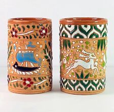 2 Rodos Greece Pencil Cups Enamel Gazelle Sailboat Terracotta Dakas Keramik C526