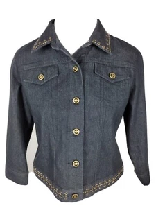 ruby rd New Womans Sz 12p Dark Wash Stretch Denim studded Jean Jacket S41 - Picture 1 of 14