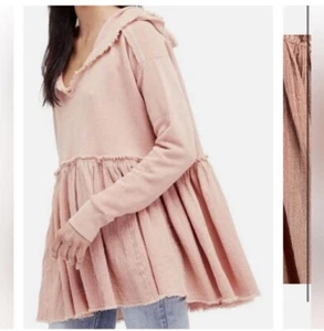 Free People Summer Dreams Hoodie Women Sz S Oversized Peachy Pink Boho Raw Edges - Picture 1 of 18