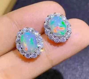 3.00Ct Oval Cut Lab Created Fire Opal Halo Stud Earrings 14K White Gold Plated - Picture 1 of 7