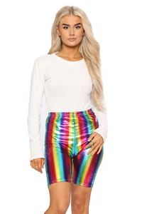 New Unisex Shiny Metallic Rainbow Cycling Shorts Half Length Striped Leggings UK - Picture 1 of 4