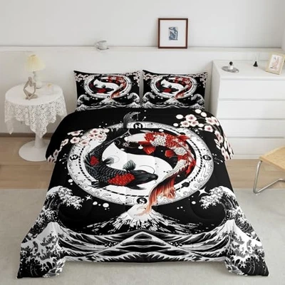  Juego de edredón japonés de peces koi tamaño niños juego de cama ondulado king negro rosa rojo Foto 1 de 4