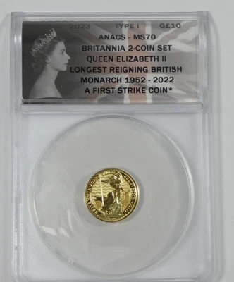 2023 UK Queen Elizabeth II £10 GOLD Britannia Ty-1  ANACS MS 70 First Strike - Image 1 of 4