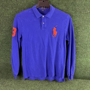 Polo Ralph Lauren Big Pony Camicia Uomo Large Blu Arancione #3 Manica Lunga Rugby - Foto 1 di 7