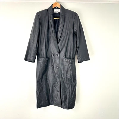 Винтажный Donna Pelle женщин Тренч M кожи длинная куртка кнопка 80-х 90-х - Изображение 1 из 4