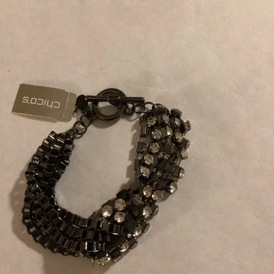 Nuevo Con Etiquetas Chico's Madison Tono Plata Eslabón Hematita Estrás Pulsera Foto 1 de 4