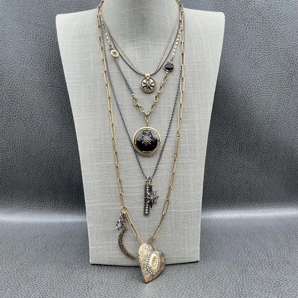 Chico's Layered Necklace Celestial Charms Heart Locket Gold Tone Black Crystal - Image 1 of 4