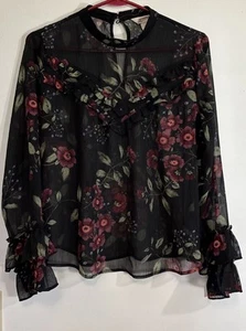 Arizona Jean Co Floral Blouse Sz Large Black Lightweight Sheer Top - Picture 1 of 5