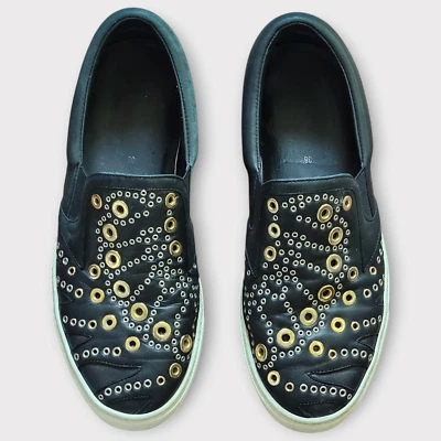 Roberto Cavalli Womens Leather Sneakers Size 38 US 7 Black Slip On Trainers  - Image 1 of 4