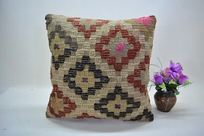 Traditional Multicolor Hand Knotted Kilim Pillow, 16x16in, Antique Retro Pillow, - Image 1 of 4