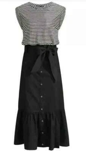 NWT Veronica Beard Jeans Capri in Black White Mixed Media Belted Midi Dress M - Picture 1 of 7