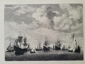 Antike Original Radierung "Marine" Meereslandschaft SCHIFFE von Felix Milius 1880er - Bild 1 von 7