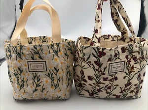 2 PCS Corduroy Embroidered Mini Tote Bag Floral Daisies Handbags - Picture 1 of 11