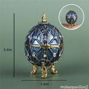 Trinket Jewelry Box Hinged Blue Faberge Egg Ornament Easter Egg Crystal Jeweled - Picture 1 of 6