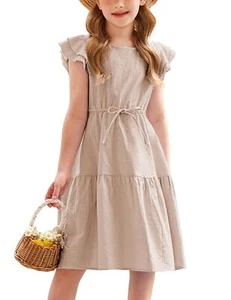 Toddler Cotton Linen Dress Summer Party Double-Ruffle Sleeves Size 2-6Y - Picture 1 of 6