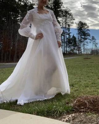 Vestido de novia vintage años 70 caprichoso margarita manga transparente imperio cintura pequeño Foto 1 de 4