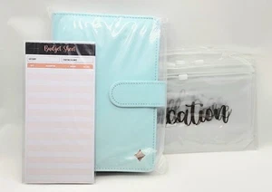 Budget Binder A6 w/ Zipper Envelopes Savings Cash Organizer Baby Blue Rose Gold - Picture 1 of 6