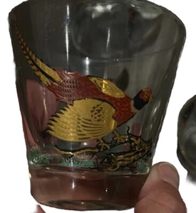 Hazel Atlas Vintage Pheasant Bar Glasses Gold Painted Set of 7 MCM Hunting 3” - Picture 1 of 24