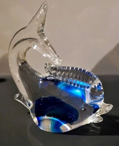 Vtg Murano Style Art Glass Tropical Fish Paperweight Clear W/ Blue 4.5" - Picture 1 of 5