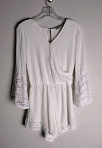Abercrombie & Fitch Angelic White 3/4 Bell Sleeve Lace Trim Romper Small  - Picture 1 of 3