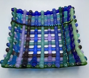 Fused Glass Woven Bowl Of Multicolor Glass - 5” Square - Picture 1 of 8