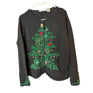 Victoria Jones Women's Black Christmas Sweater Cardigan Tree Embellished XL - Picture 1 of 5