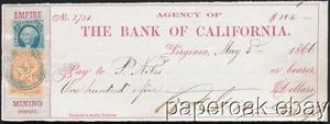 1866 Empire Mining Co Virginia City, Nev. Check Drawn On The Bank Of California - Picture 1 of 1