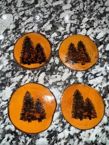 Rustic Tree Design Hand Made Wood Coasters Set Of 4 Round Felt Bottom Marked 4” - Picture 1 of 8